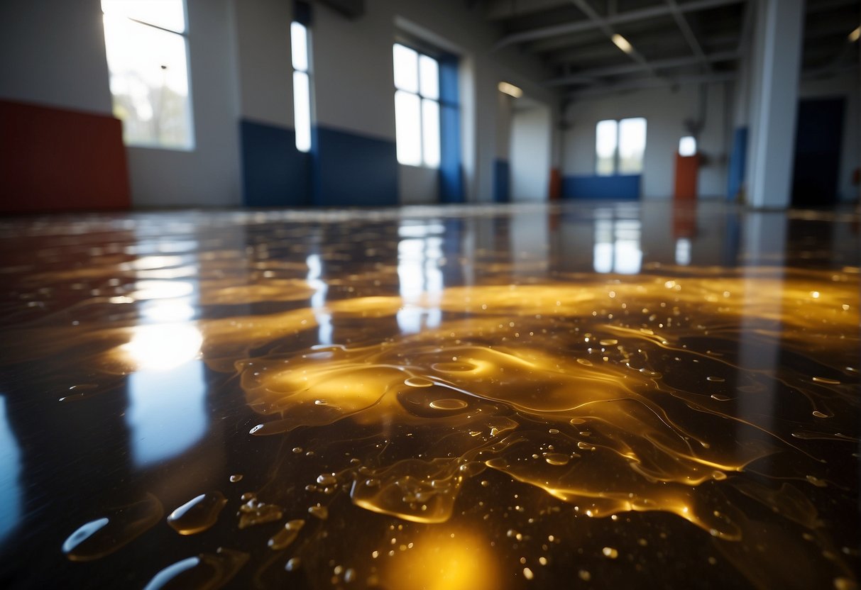 A thick layer of polyurethane is applied over the smooth, glossy surface of an epoxy floor, creating a seamless and durable finish