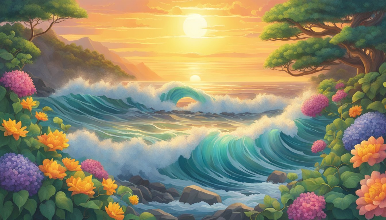 A vibrant sun radiates over a landscape of intertwined vines and blooming flowers, while a powerful wave crashes against a rocky shore, symbolizing the duality of creation and destruction
