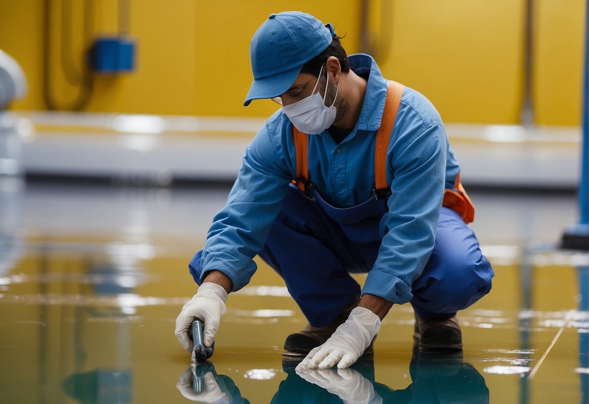A worker mixes polyurethane and applies it to the epoxy floor with a roller. The room is well-ventilated, with windows open and fans running