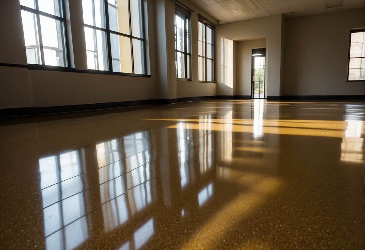 A shiny, durable polyurethane coat gleams over a smooth epoxy floor, providing protection and enhancing the space's aesthetic appeal