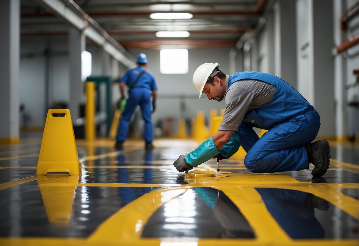 A worker applies polyurethane over an epoxy floor, ensuring safety and maintenance