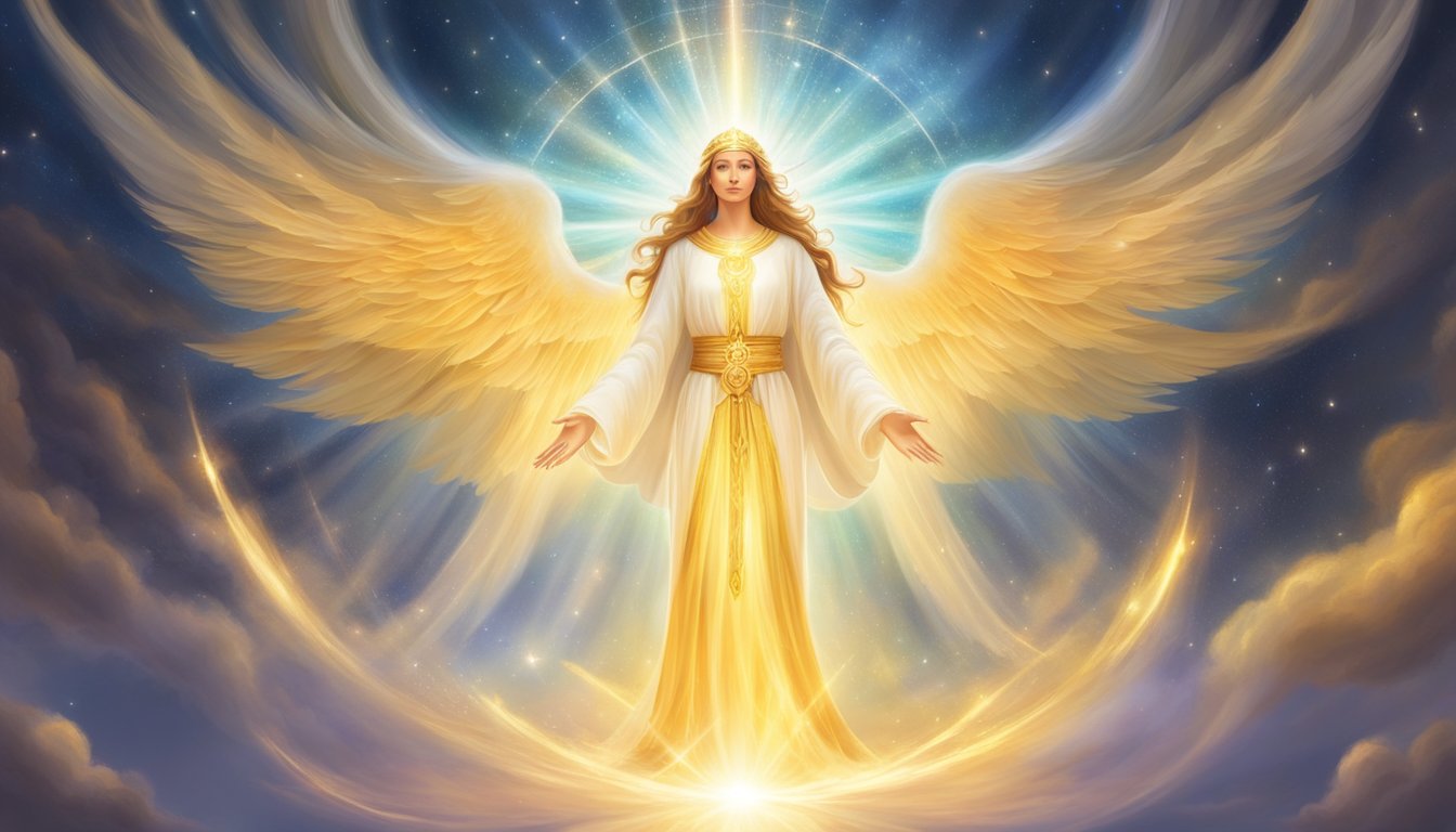 A radiant angelic figure surrounded by glowing spiritual energy, emanating a sense of peace and protection