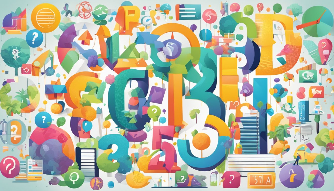 A large sign with "Frequently Asked Questions 2929 Significado" displayed in bold letters, surrounded by colorful icons and symbols representing various topics and inquiries