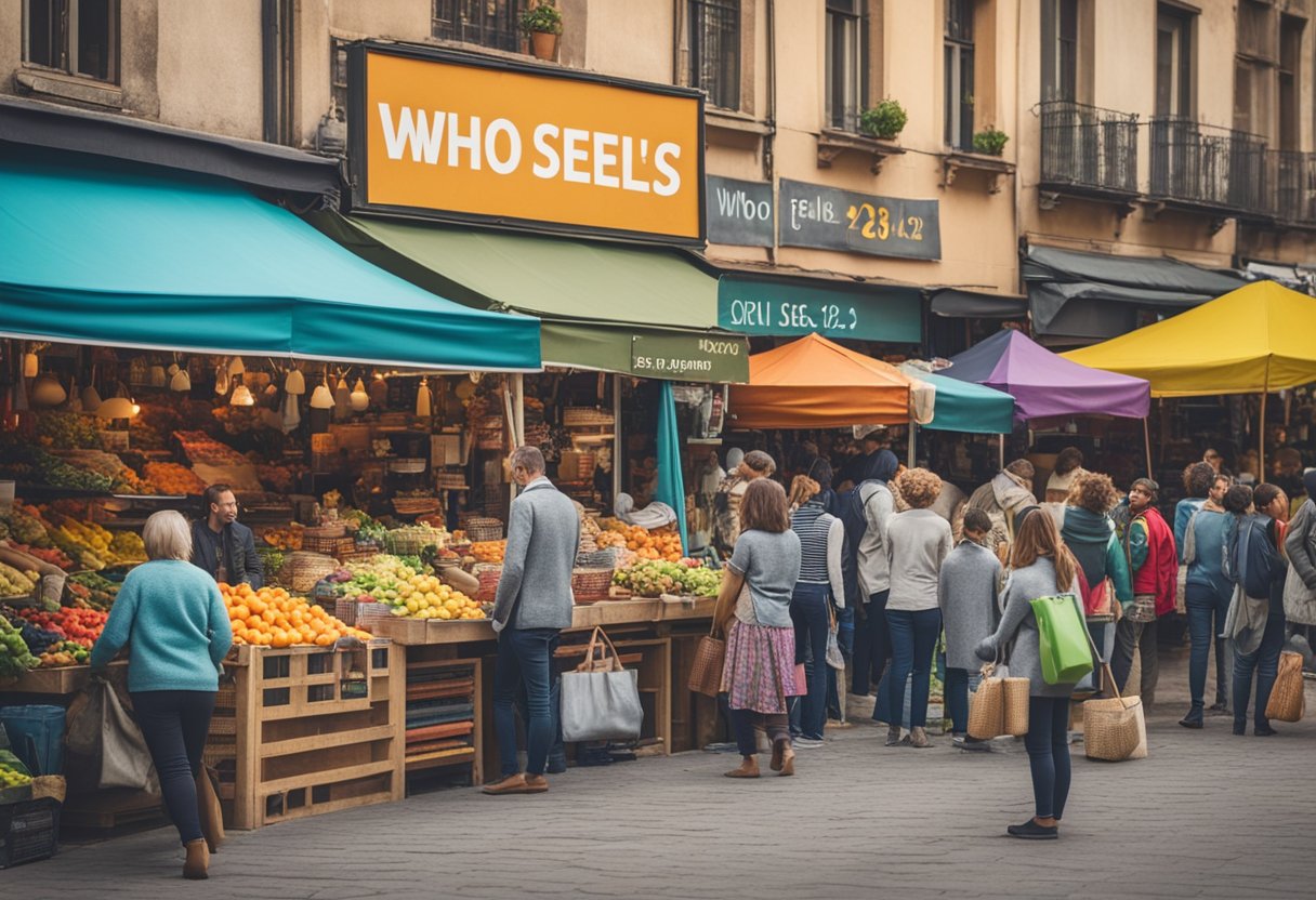 A colorful market stall with a sign reading "Who Sells 23 and Me?" surrounded by curious shoppers and a variety of merchandise on display