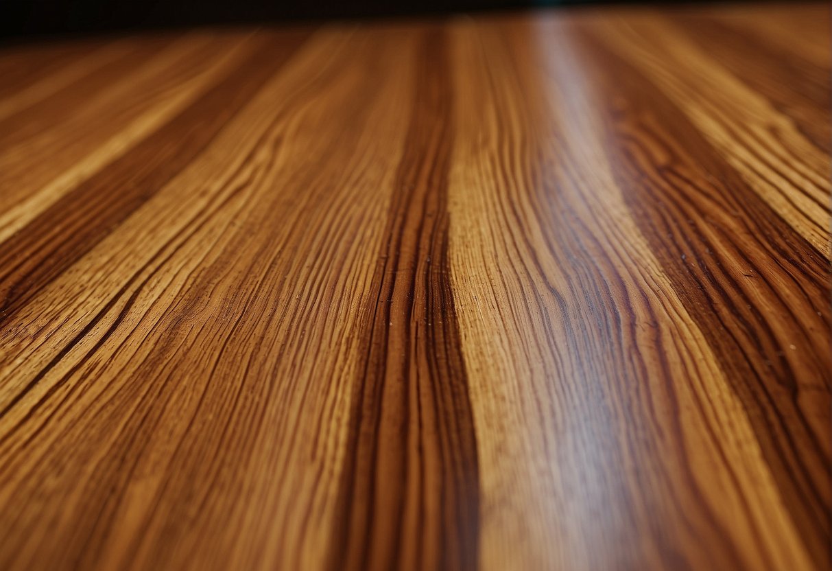 A wooden surface coated with glossy lacquer over linseed oil