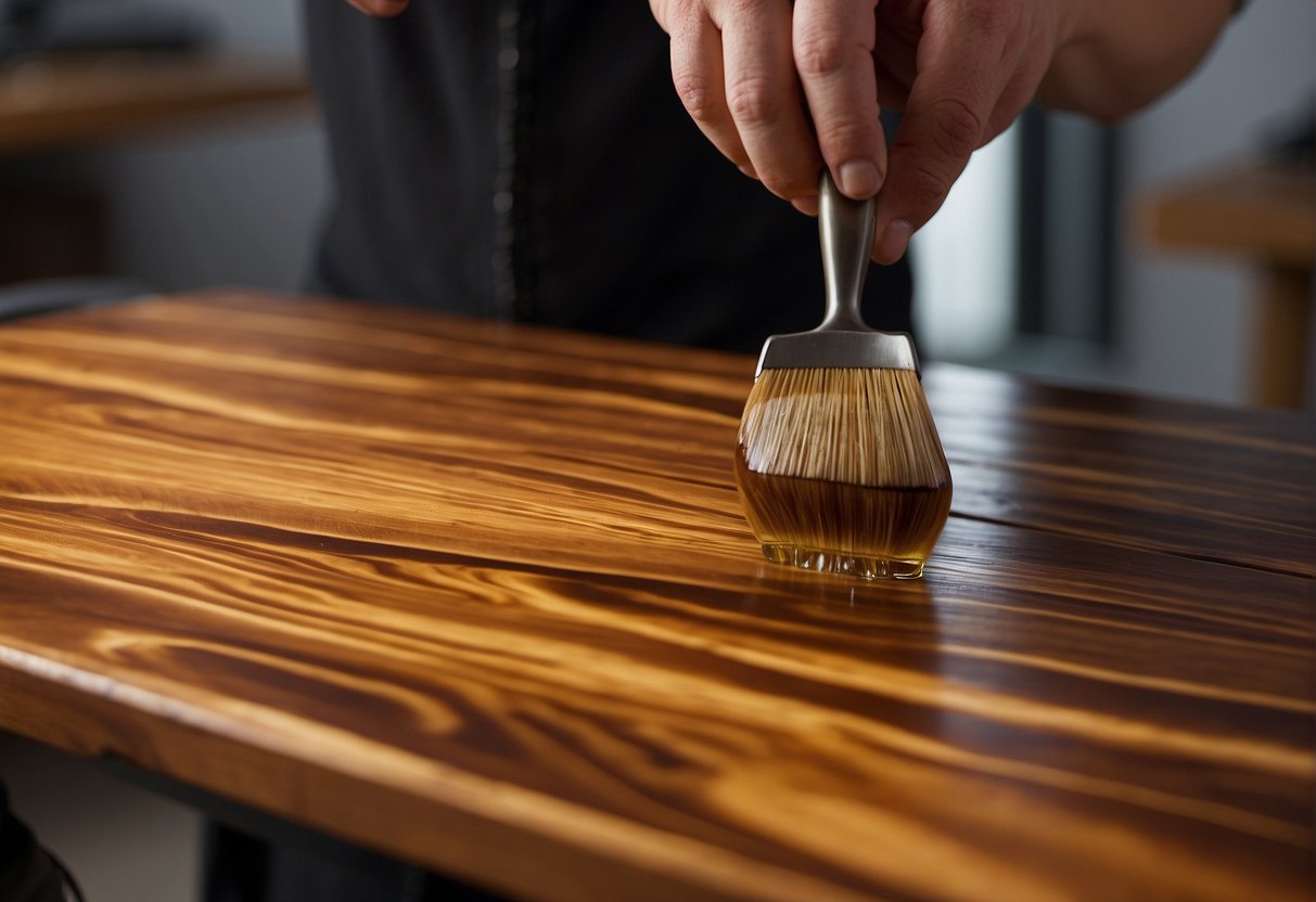 A wooden surface is being coated with linseed oil, followed by a layer of lacquer being applied over it