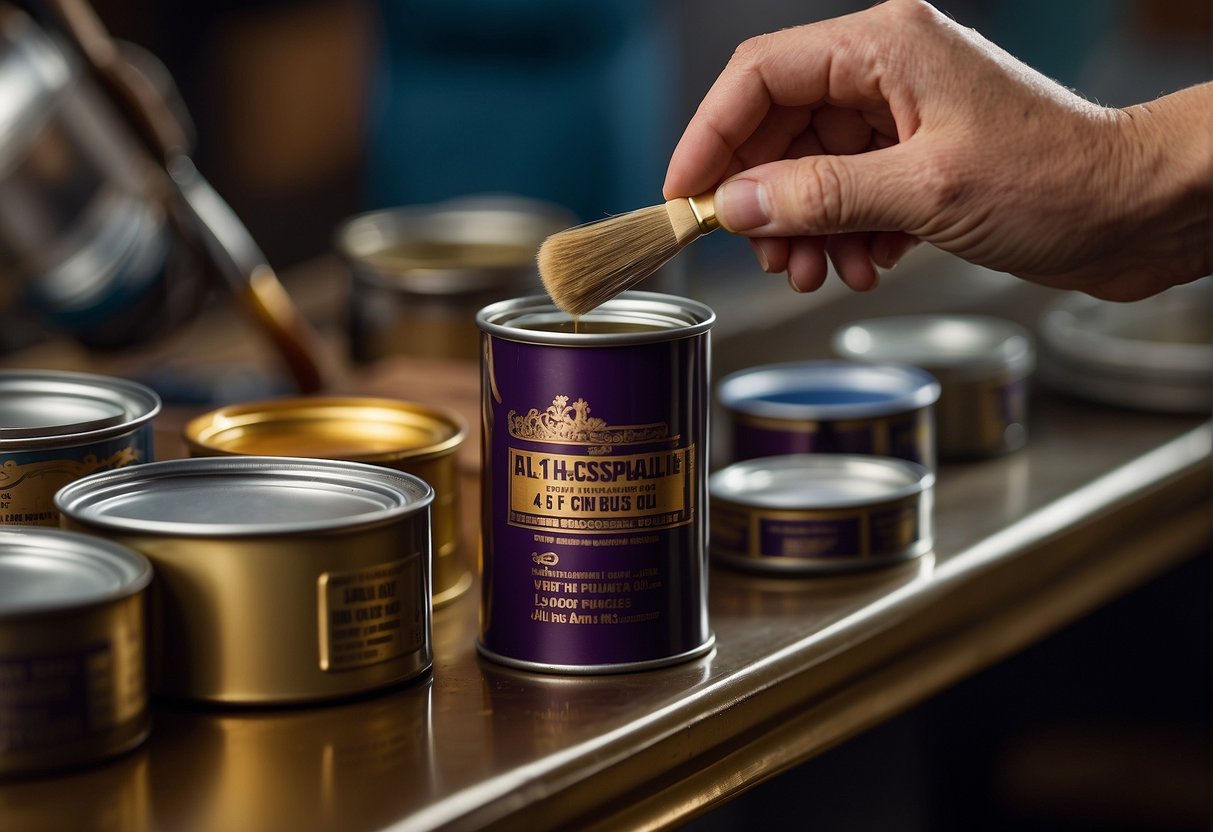A hand dips a brush into a can of lacquer, then carefully applies it over a surface previously coated with linseed oil