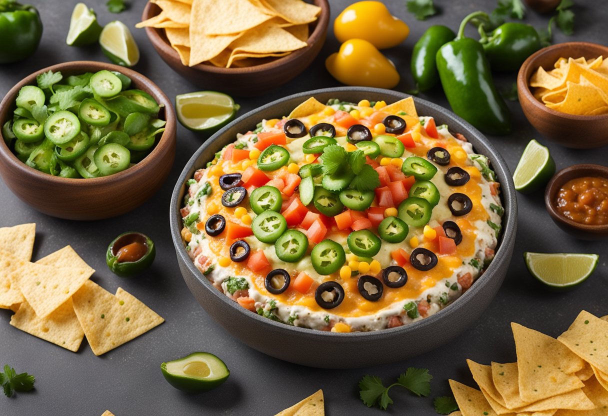 A table with a colorful platter of 7 layer dip surrounded by tortilla chips and garnished with sliced jalapenos and cilantro