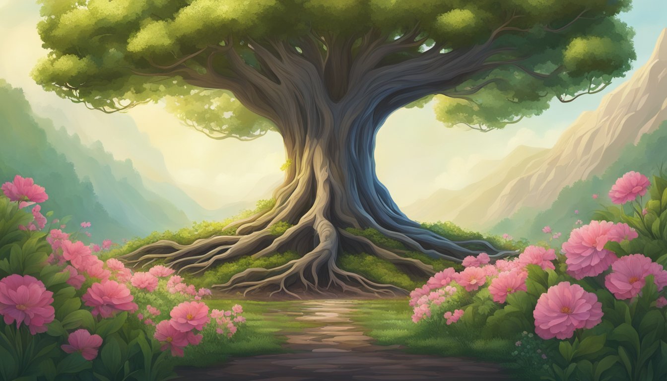A tree growing tall with roots reaching deep into the ground, surrounded by blooming flowers and vibrant greenery