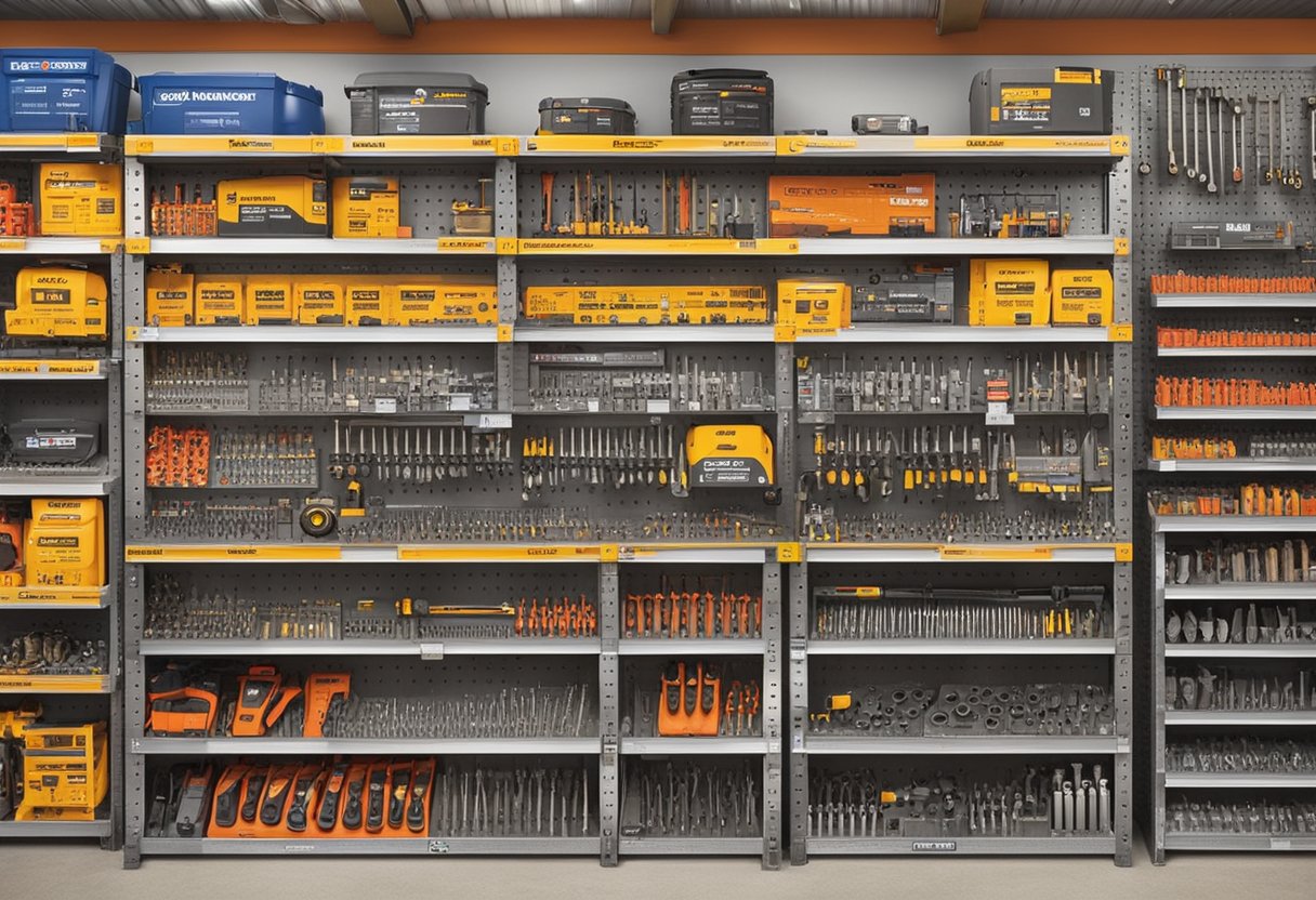 A brightly lit hardware store shelf displays a variety of Gearwrench tools, neatly organized and labeled with prices