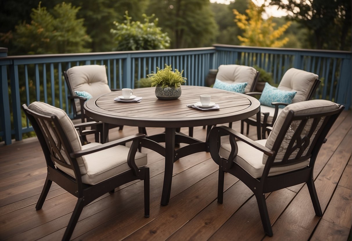 A table and chairs are placed on a Trex deck, with protective pads underneath to prevent scratches