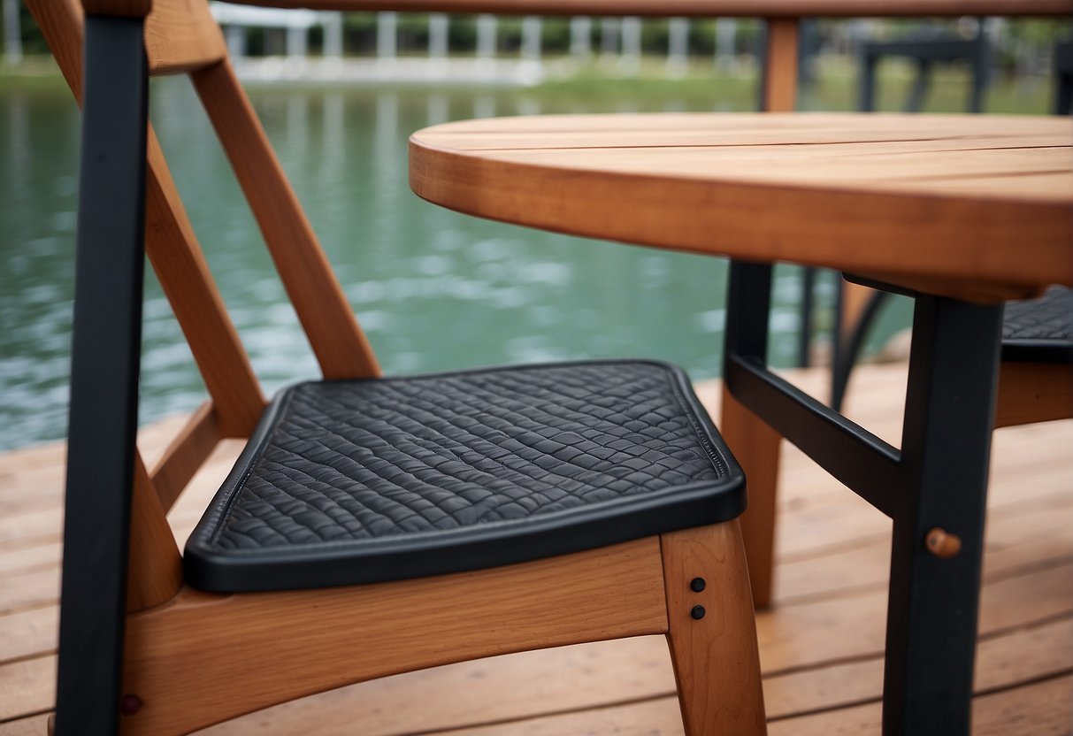 A furniture pad is placed under a chair leg on a Trex deck to prevent scratches