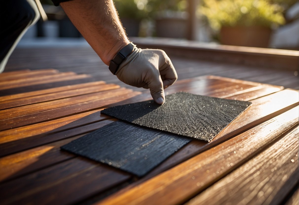 A person applies a protective coating to a Trex decking, covering furniture scratches. The decking shines in the sunlight, with a smooth, scratch-free surface