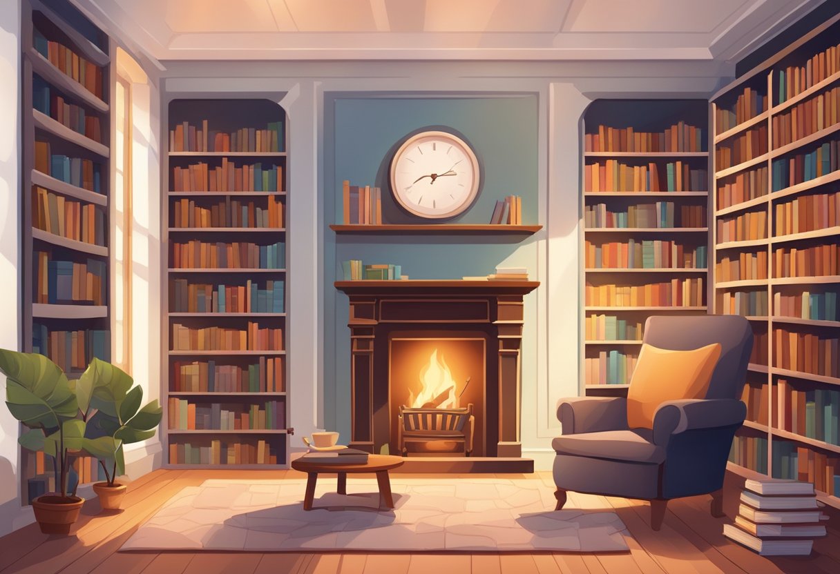 A cozy library with a crackling fireplace, shelves filled with books, and a comfortable armchair bathed in warm, soft light