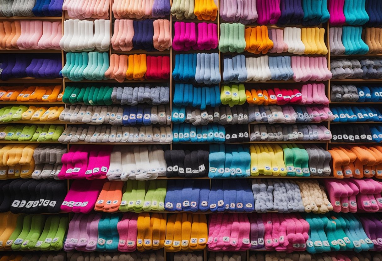 A colorful market stall displays various 100% cotton socks, neatly arranged in rows, with a vibrant sign reading "Who Sells 100% Cotton Socks?" above them