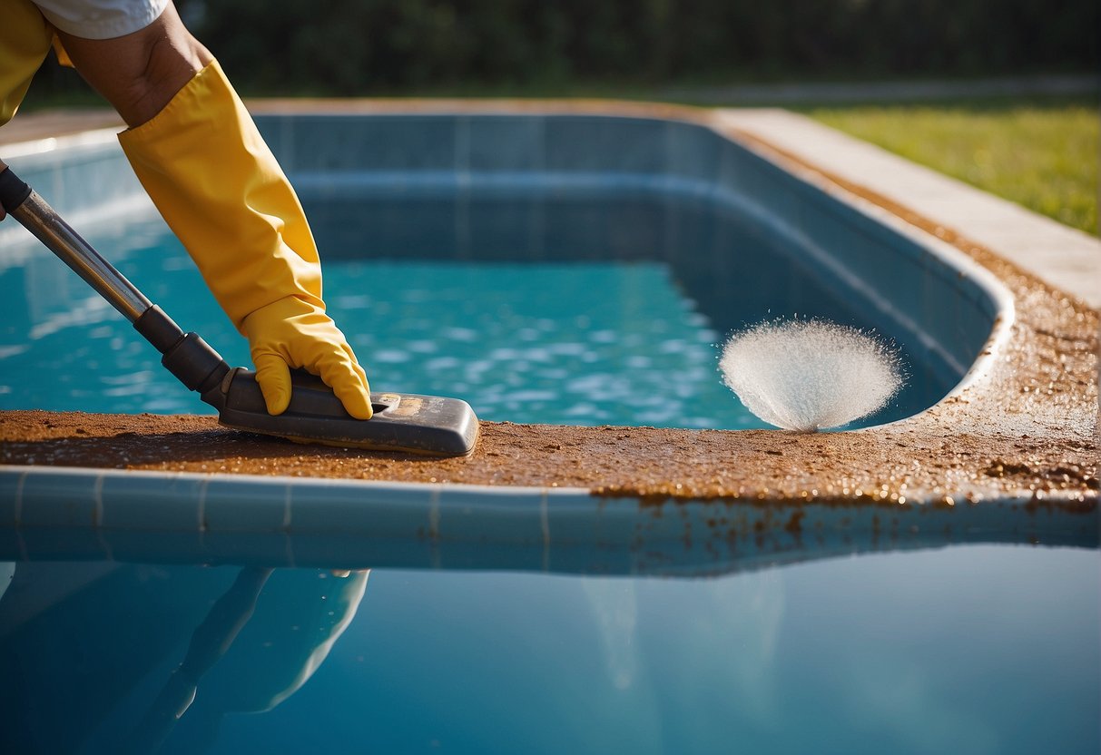 A pool liner with rust stains being scrubbed and treated with a cleaning solution, showing the process of removing the rust stains