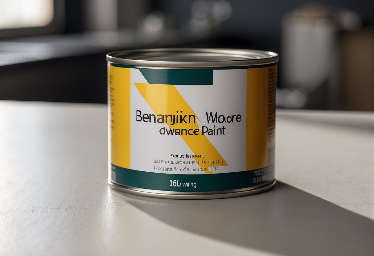 A can of Benjamin Moore Advance Paint sits on a clean, well-lit surface. The label prominently displays the brand name and the words "yellowing" in bold lettering