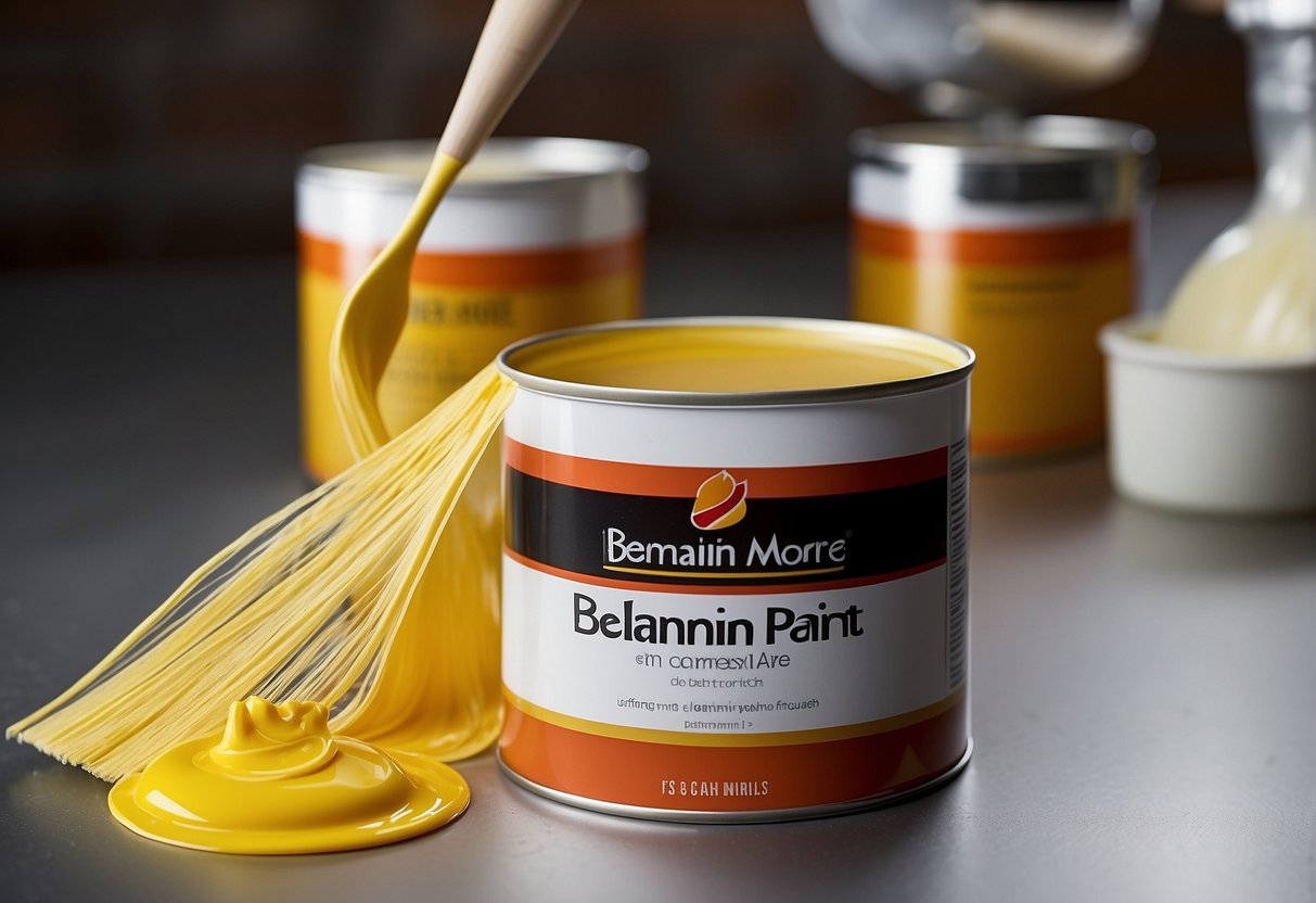 A can of Benjamin Moore Advance paint being stirred and prepared for application, with a focus on the yellowing priming process