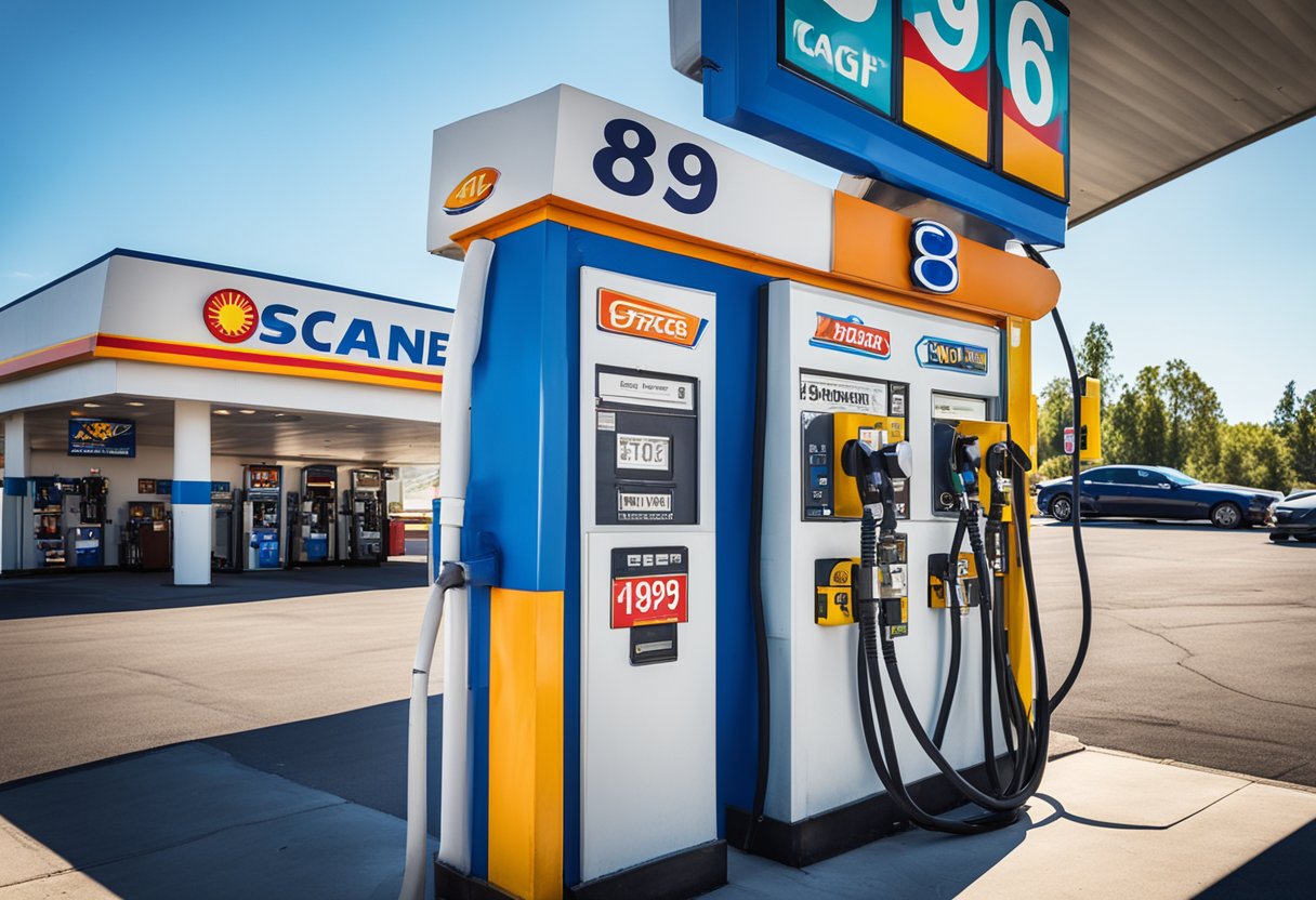 A gas station sign advertises "89 Octane Gas" with bright colors and bold lettering, standing tall against a blue sky