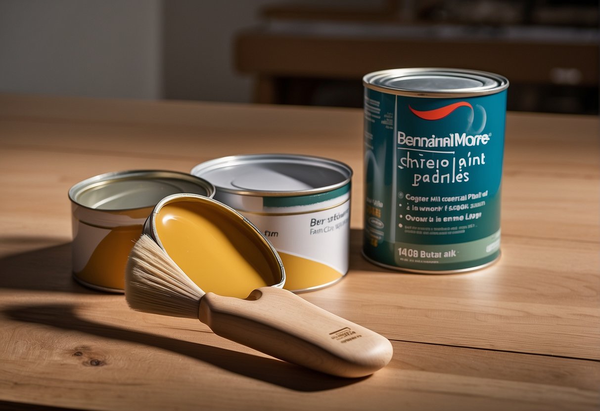 An open can of Benjamin Moore Advance paint sits on a table, next to a paintbrush and roller. The paint has yellowed over time