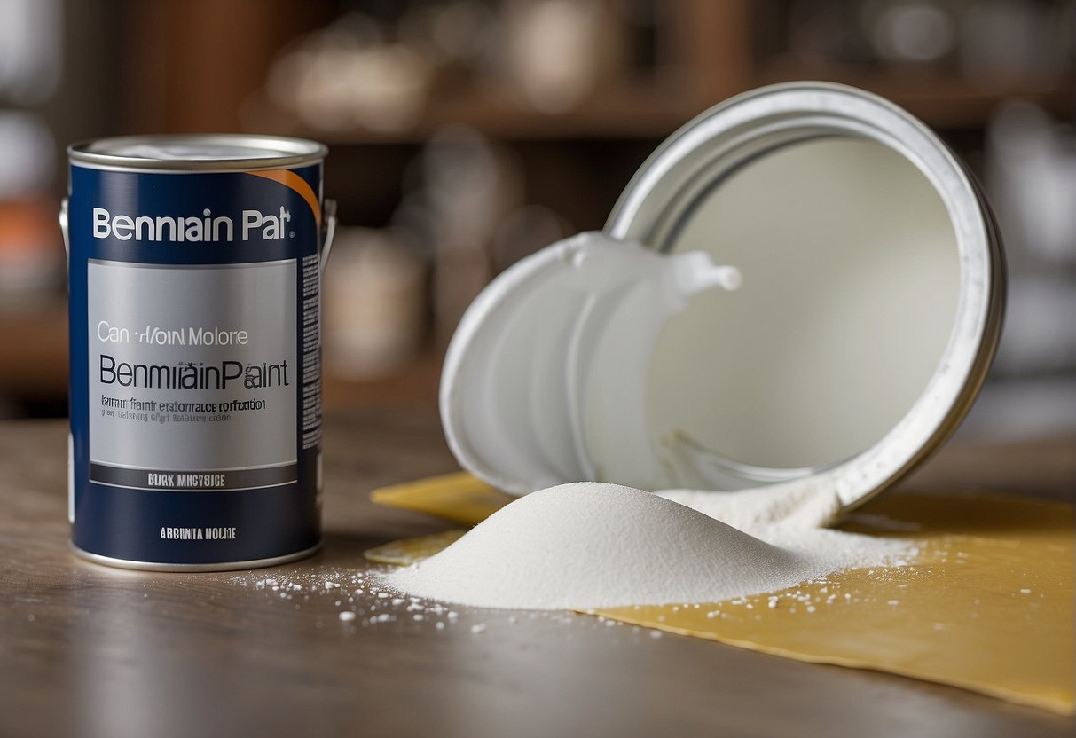 A can of Benjamin Moore Advance paint being cured and recoated to address yellowing