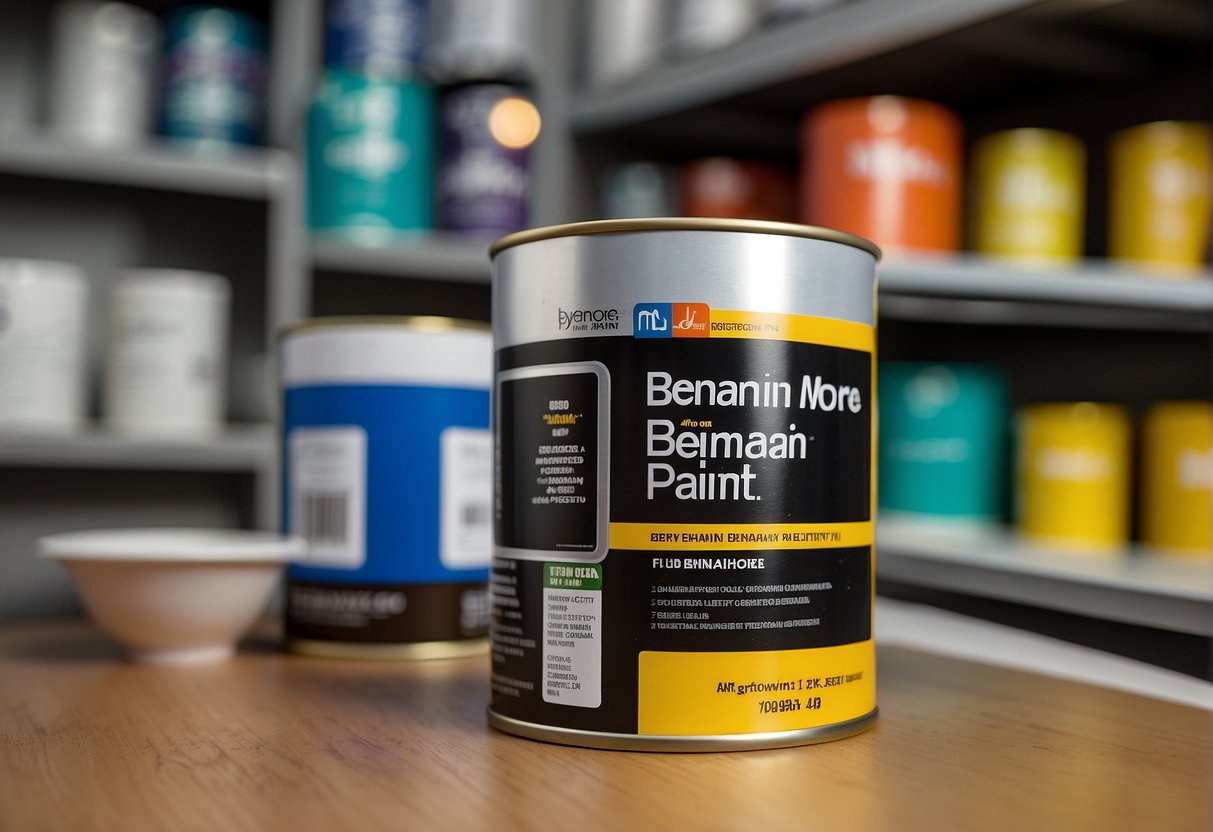 A can of Benjamin Moore Advance paint sits on a shelf, surrounded by various FAQ documents. The label on the can is prominently displayed, with the word "yellowing" highlighted