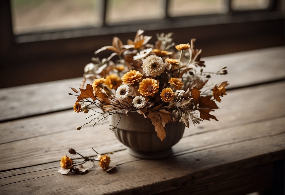 A bouquet of wooden flowers sits on a rustic table, surrounded by dried leaves and twigs. The flowers are weathered and worn, showing signs of age and endurance