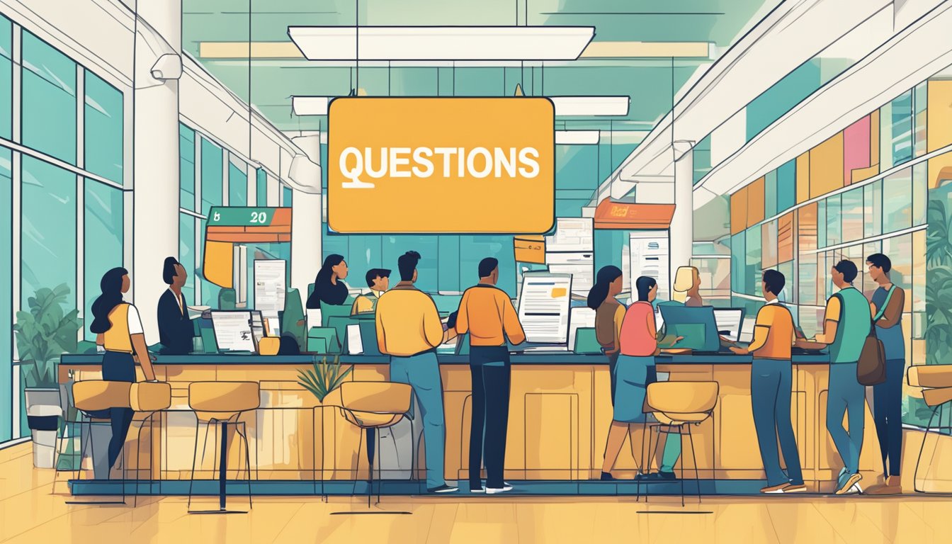 A large, bold "Frequently Asked Questions 99 Significado" sign hanging above a busy information desk in a bustling public space