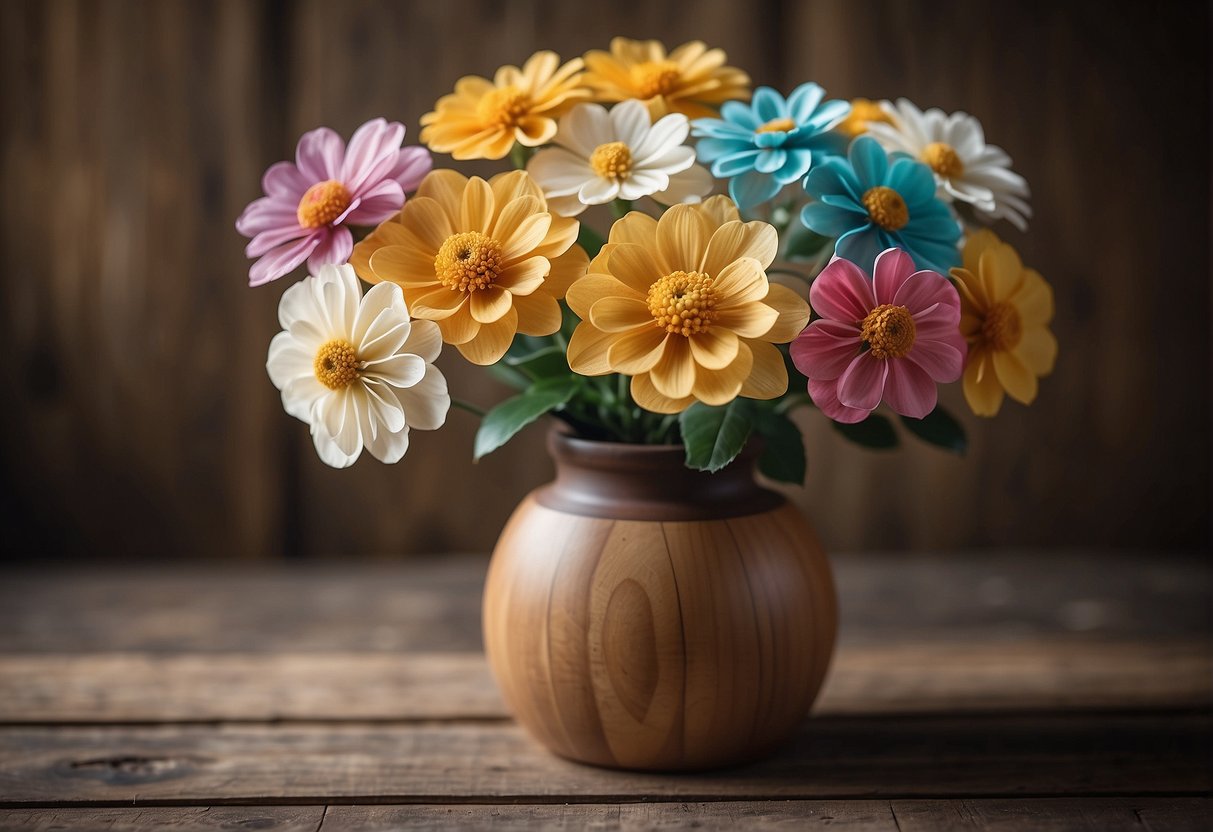 Vibrant Sola Wood Flowers in a rustic vase, showcasing their durability and beauty, lasting for years to come