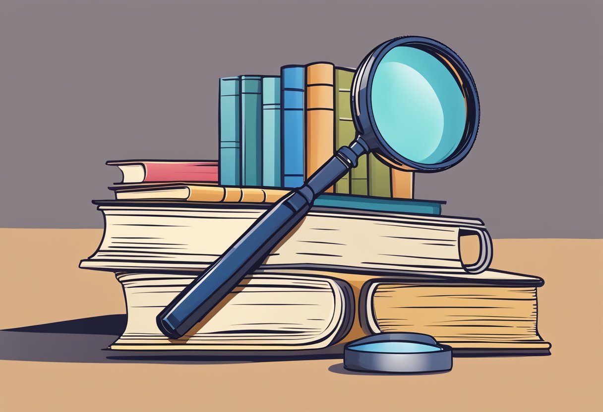 A stack of marketing books displayed with a magnifying glass hovering over them, symbolizing analysis and improvement in marketing efforts
