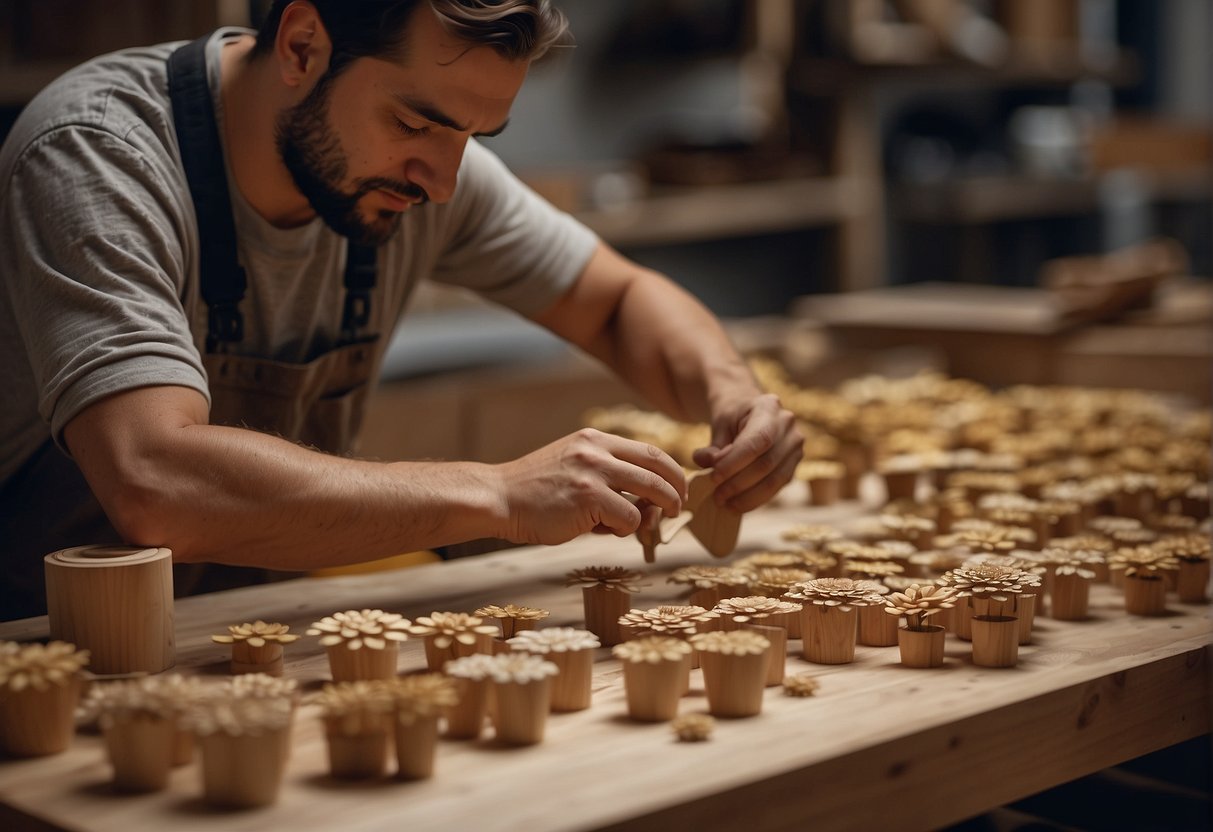 A carpenter arranges wood flowers, varnishing and customizing them