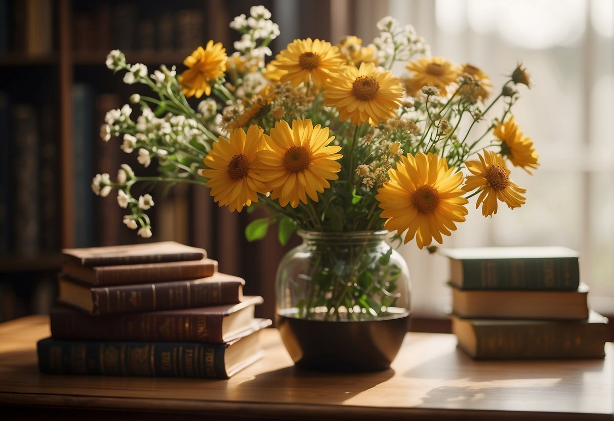 Wood flowers arranged in a vase, surrounded by books and antique items, with a soft natural light casting a warm glow over the scene