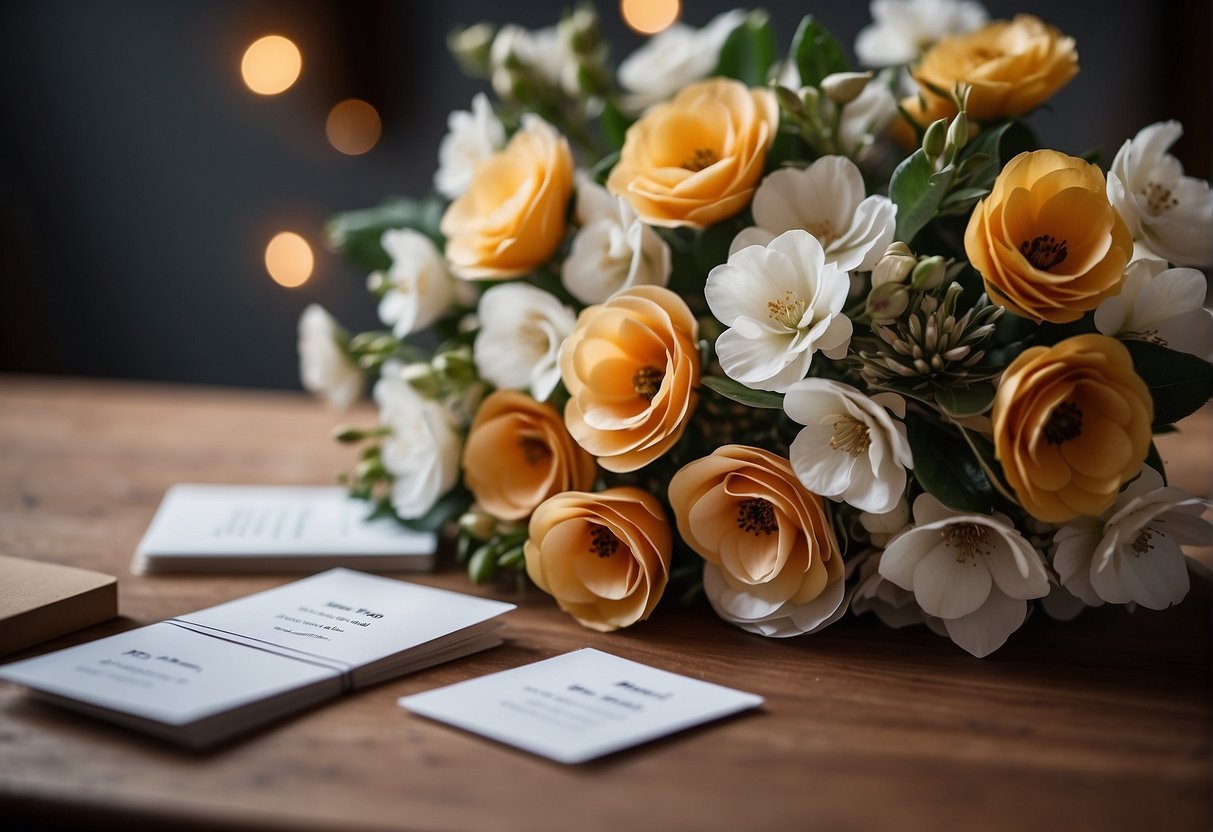 A bouquet of wood flowers sits on a table, surrounded by a stack of FAQ cards. The room is bright and welcoming, with a cozy atmosphere