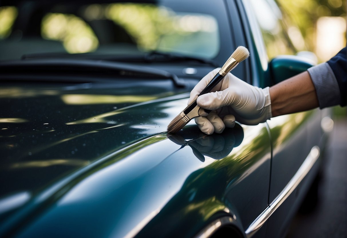 A hand holds a paintbrush, applying lacquer to a car's peeling surface. A price list for repair services is visible nearby