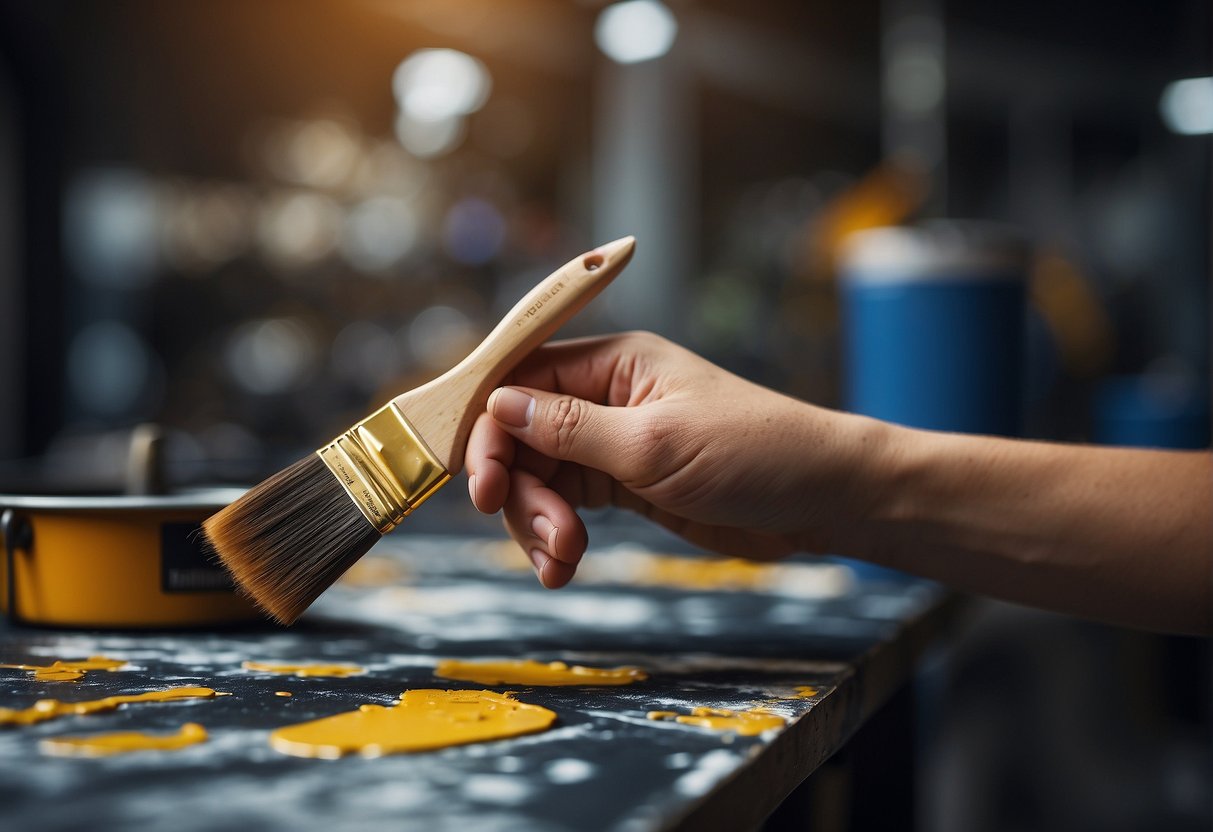 A hand holding a paintbrush, applying lacquer to a peeling surface. A price tag with "$" symbol in the background