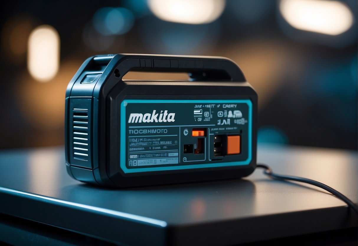 A Makita battery sits on a charging dock with a glowing indicator, showing the progress of its charge
