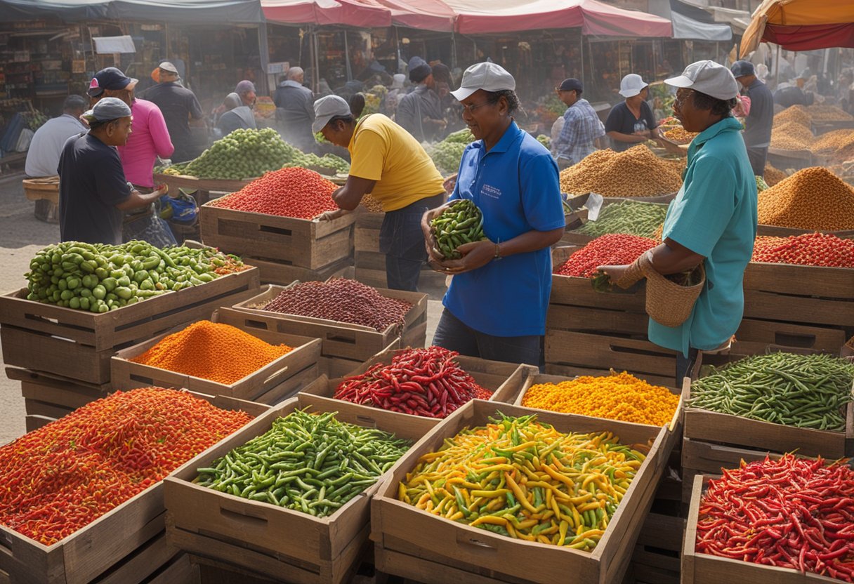 A bustling outdoor market with colorful chili peppers displayed on wooden crates. Customers and vendors interact, while the aroma of chili fills the air