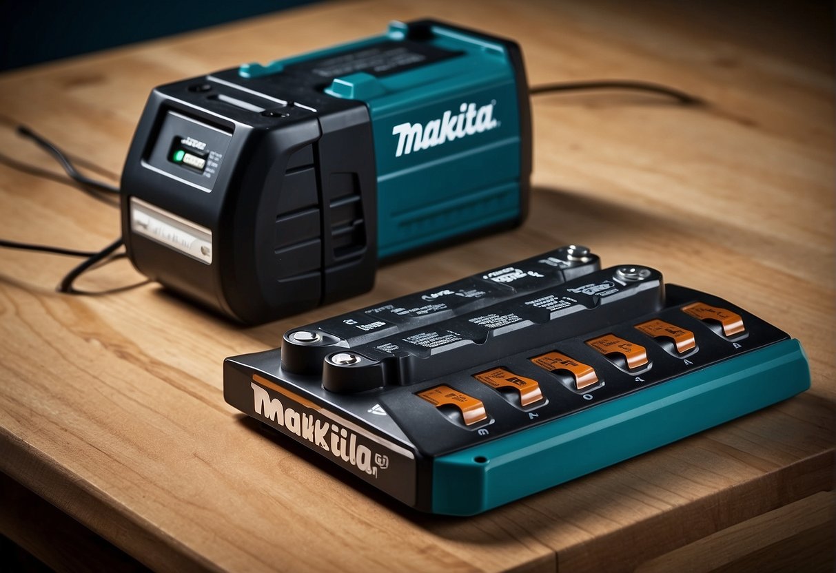 A Makita battery sits on a charging dock with indicator lights showing progress