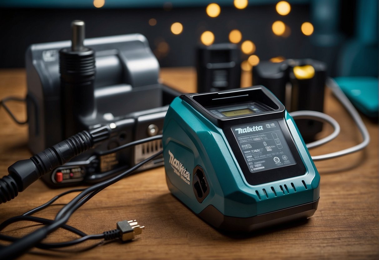 A Makita battery sits on a charger, with the LED indicator showing it is charging. The charger is plugged into a power outlet, and the battery is surrounded by other tools and equipment
