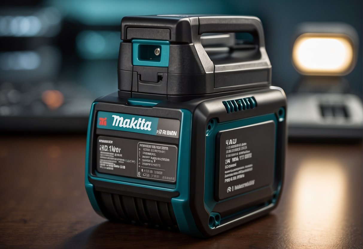 A Makita battery sits on a charging dock, with a small LED indicator showing progress