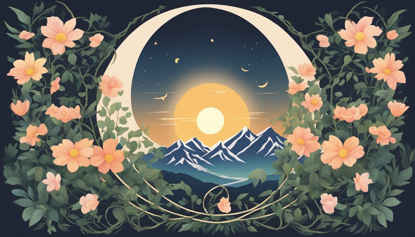 A serene mountain peak with a glowing sun and a crescent moon, surrounded by intertwining vines and blooming flowers, all encircled by a double 3636 symbol