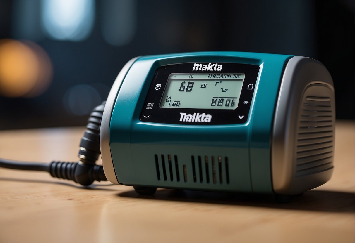 A Makita battery sits on a charger, with a timer showing the elapsed time