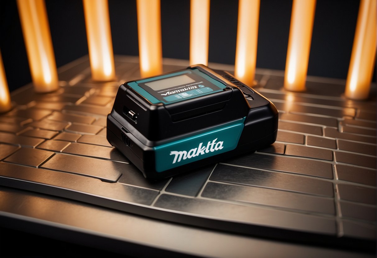 A Makita battery sits on a charger, with a glowing indicator showing the progress of the charging process