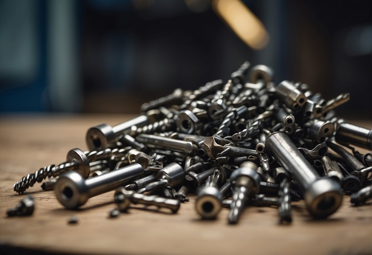 A pile of worn-out drill bits scattered on a workbench next to a drill press