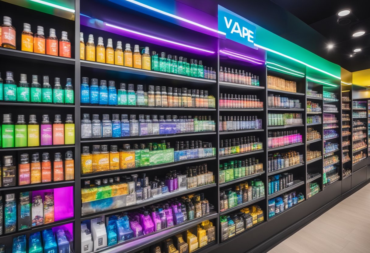 A colorful display of vape products lines the shelves of a modern store, with bright neon signs and sleek packaging drawing in customers