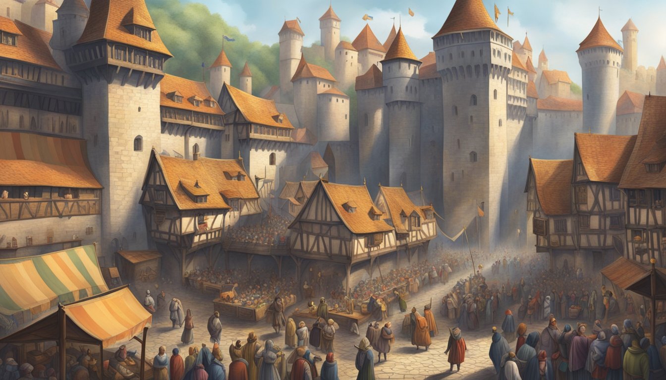 A medieval castle overlooks a bustling marketplace, surrounded by peasants and merchants.</p><p>Flags of different noble houses flutter in the wind, symbolizing the power struggle of the time