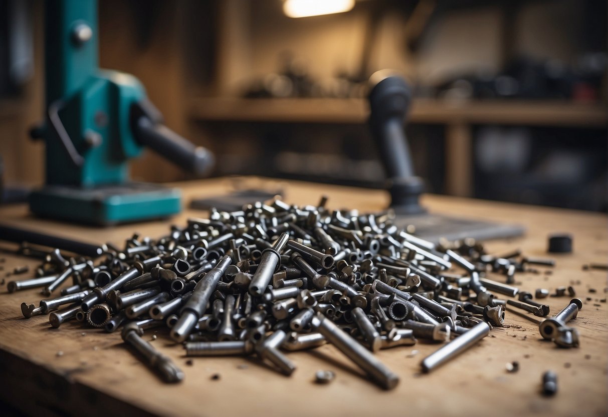A pile of worn drill bits scattered on a workbench, surrounded by metal shavings and a drill press in the background