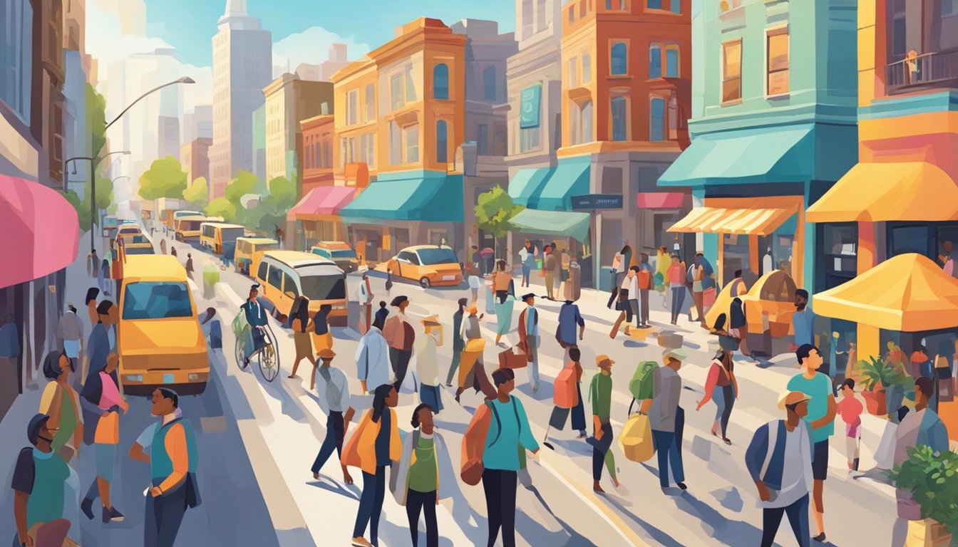 A bustling city street with diverse people, each engaged in different daily activities.</p><p>Bright colors and varied expressions convey the significance of everyday life