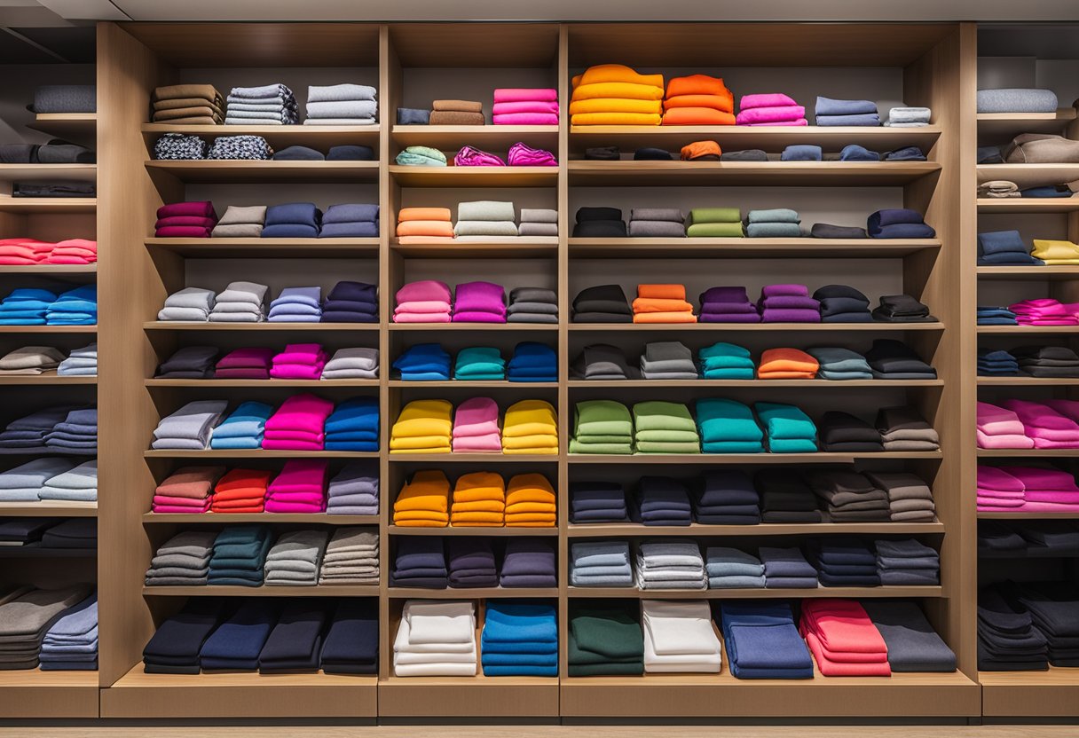 A colorful display of 32 Degrees clothing items arranged neatly on shelves in a retail store