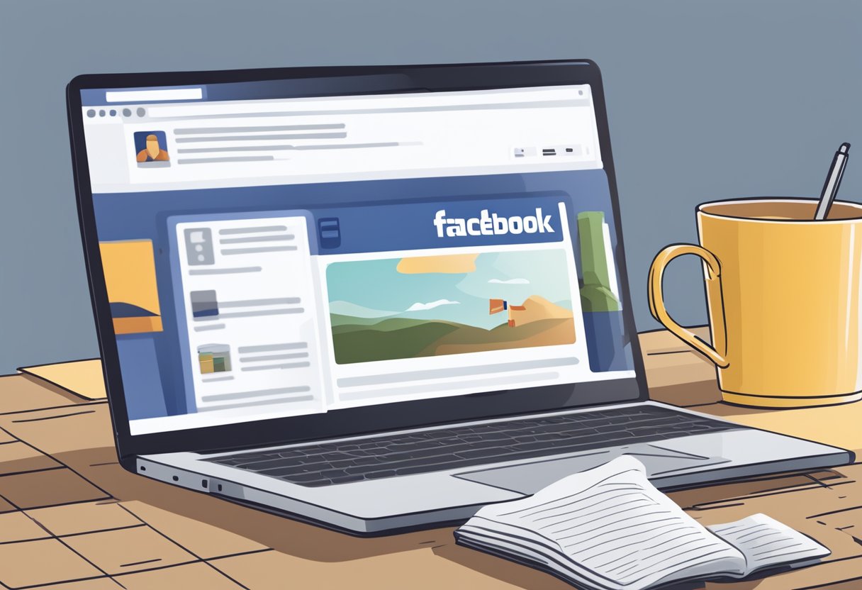 A laptop displaying a Facebook page with a post about organic reach marketing for authors, surrounded by books and a cup of coffee